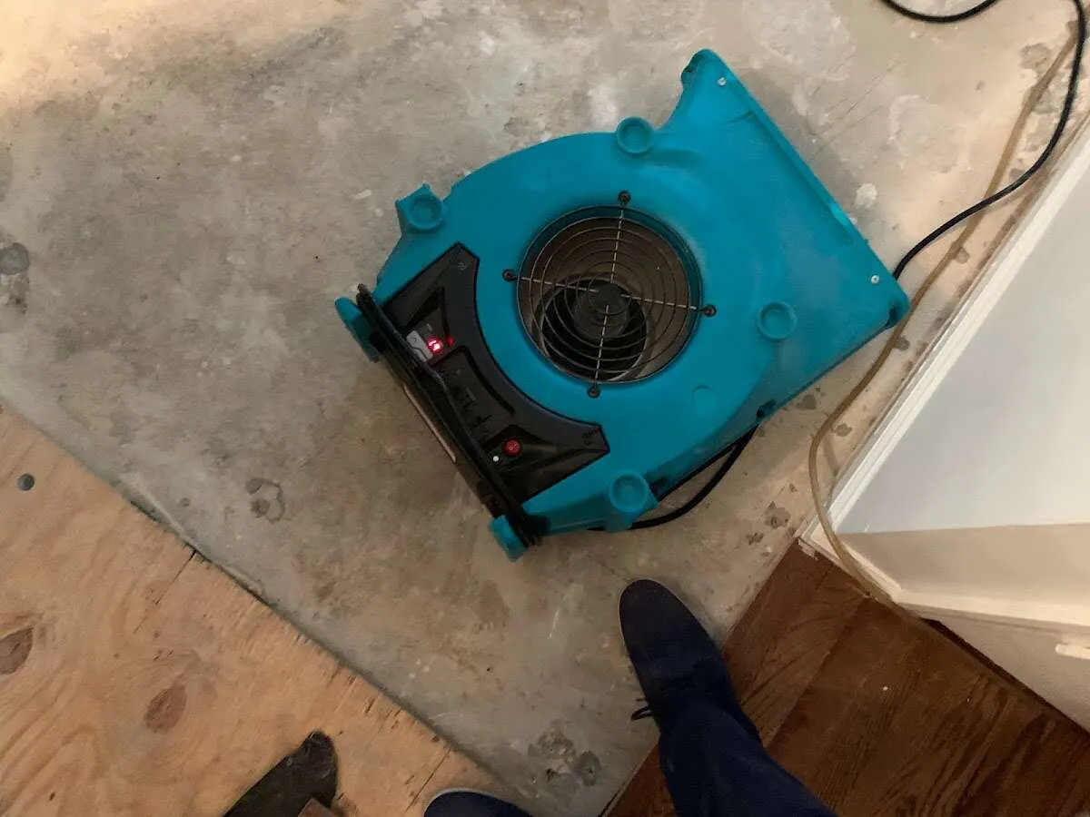 Air mover drying subfloor during Leak Detection & Repair in Nipomo